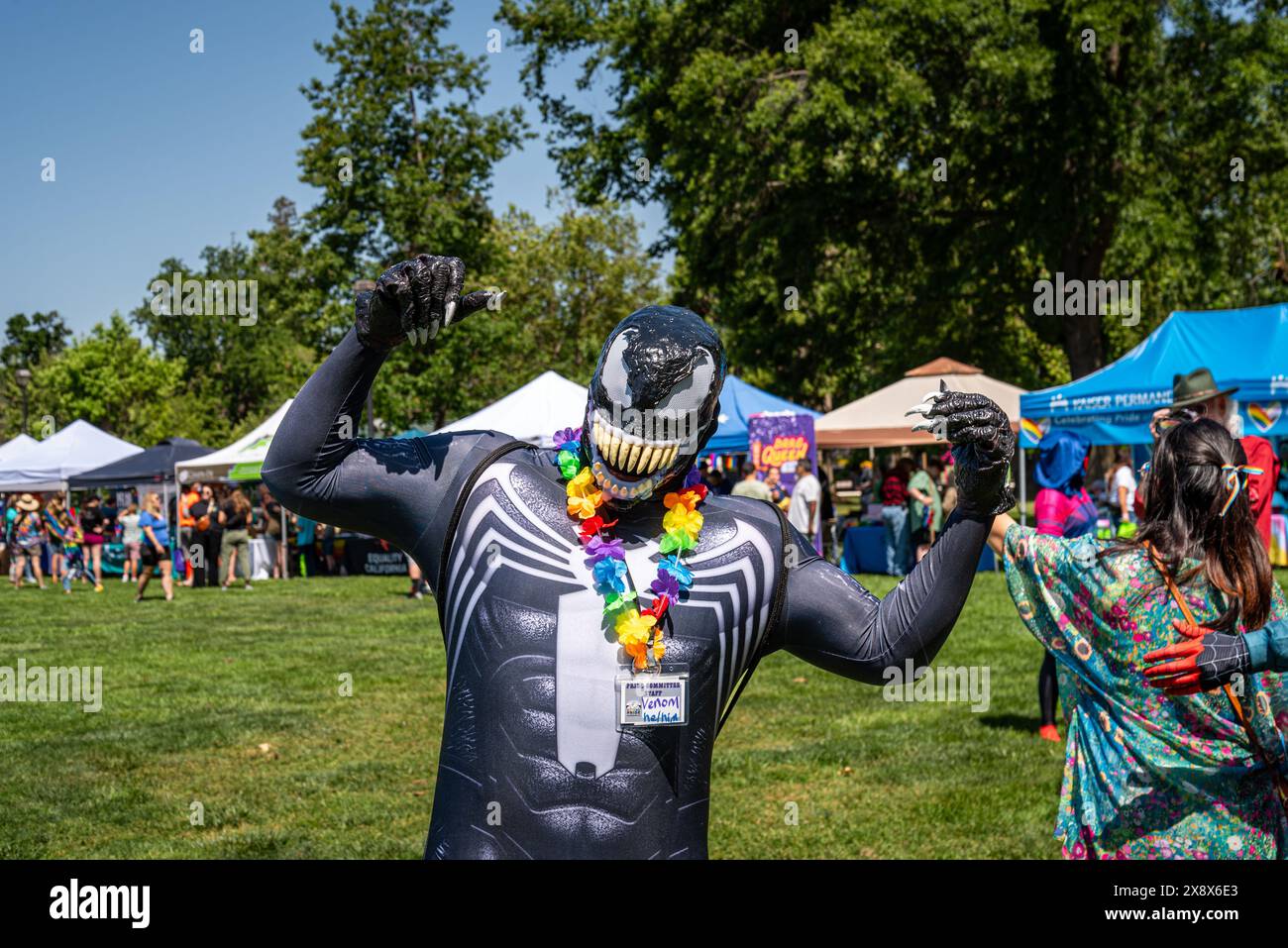 A  committee volunteer costumed Venom Spiderman character with rainbow lei poses at Placer Pride. Stock Photo
