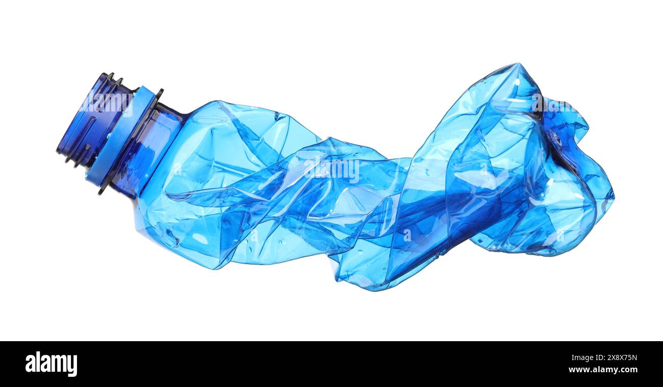Crumpled disposable plastic bottle isolated on white Stock Photo - Alamy