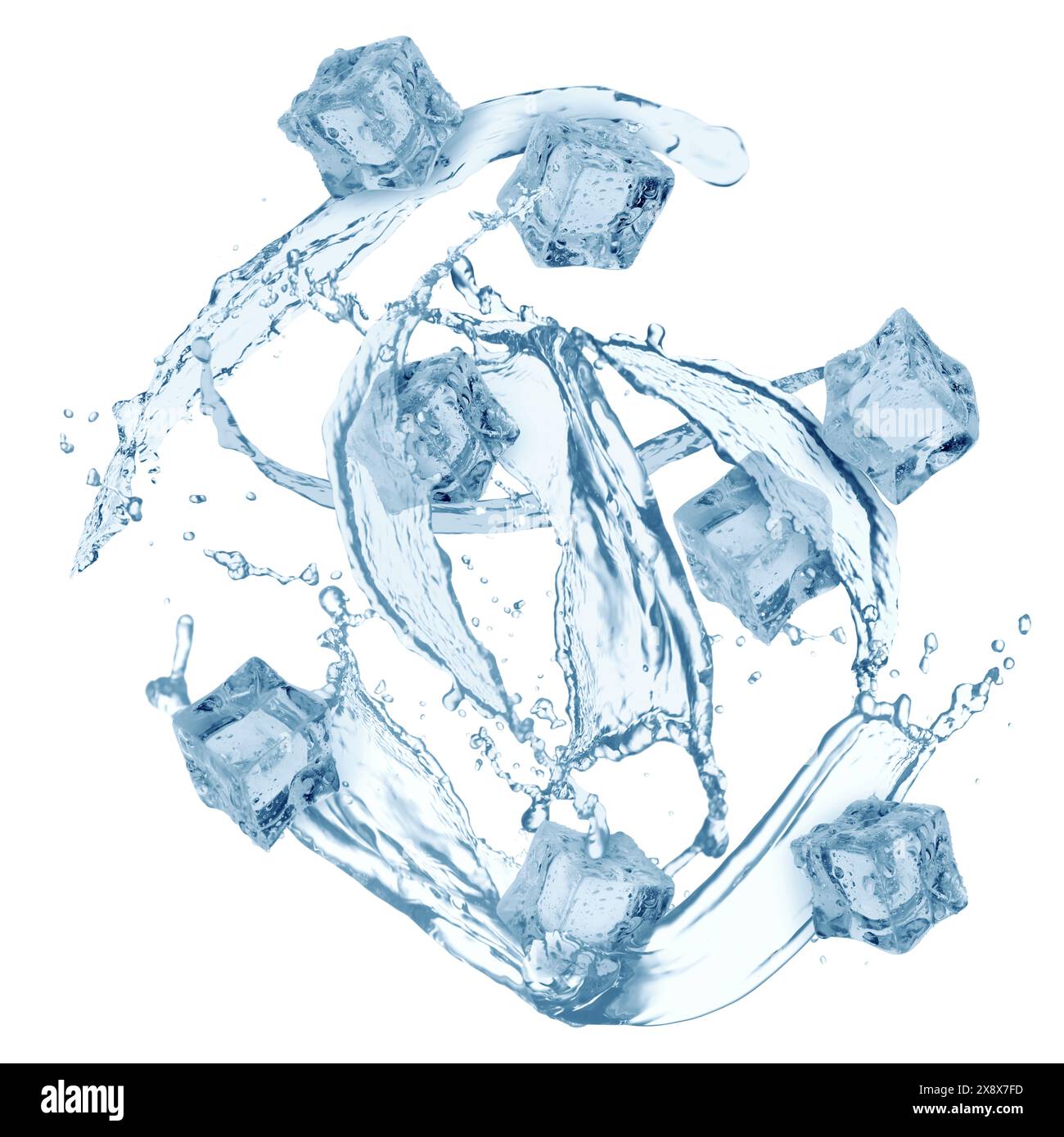 Ice cubes and splashing water in air on white background Stock Photo ...