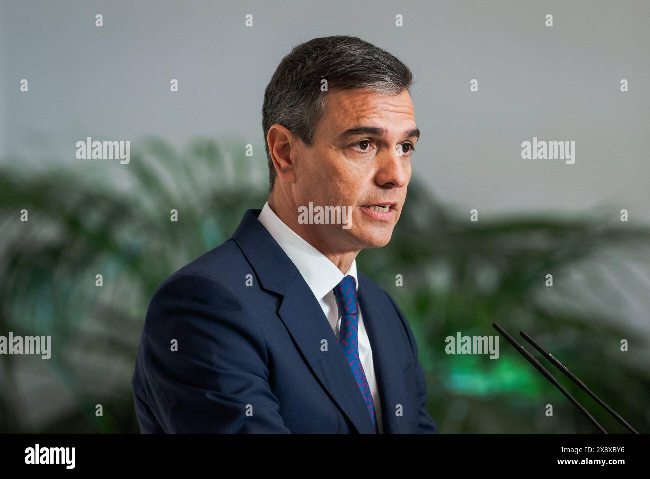 Madrid, Spain. 27th May, 2024. The Prime Minister of Spain Pedro Sanchez, speaks during a press conference at the Moncloa Palacen in Madrid. Spain and Ukraine sign a bilateral security agreement: 'Defense, security, peace, and reconstruction are our priorities.' Credit: SOPA Images Limited/Alamy Live News Stock Photo