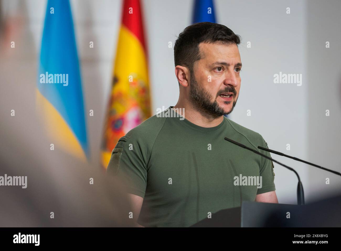 Madrid, Spain. 27th May, 2024. President of Ukraine, Volodymyr Zelenskyy, speaks during a press conference at the Moncloa Palace in Madrid. Spain and Ukraine sign a bilateral security agreement: 'Defense, security, peace, and reconstruction are our priorities.' Credit: SOPA Images Limited/Alamy Live News Stock Photo
