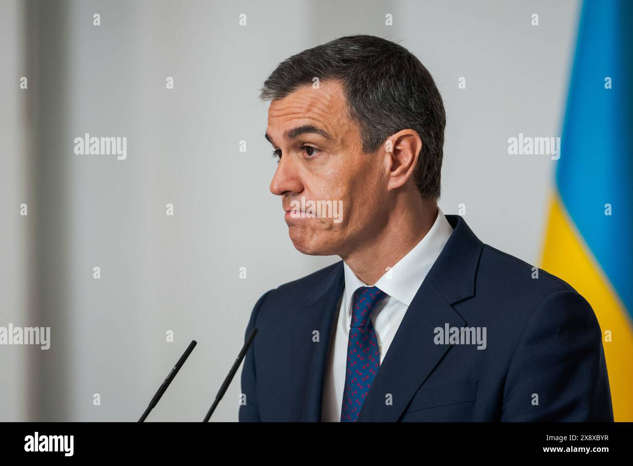 Madrid, Spain. 27th May, 2024. The Prime Minister of Spain Pedro Sanchez, speaks during a press conference at the Moncloa Palace in Madrid. Spain and Ukraine sign a bilateral security agreement: 'Defense, security, peace, and reconstruction are our priorities.' Credit: SOPA Images Limited/Alamy Live News Stock Photo