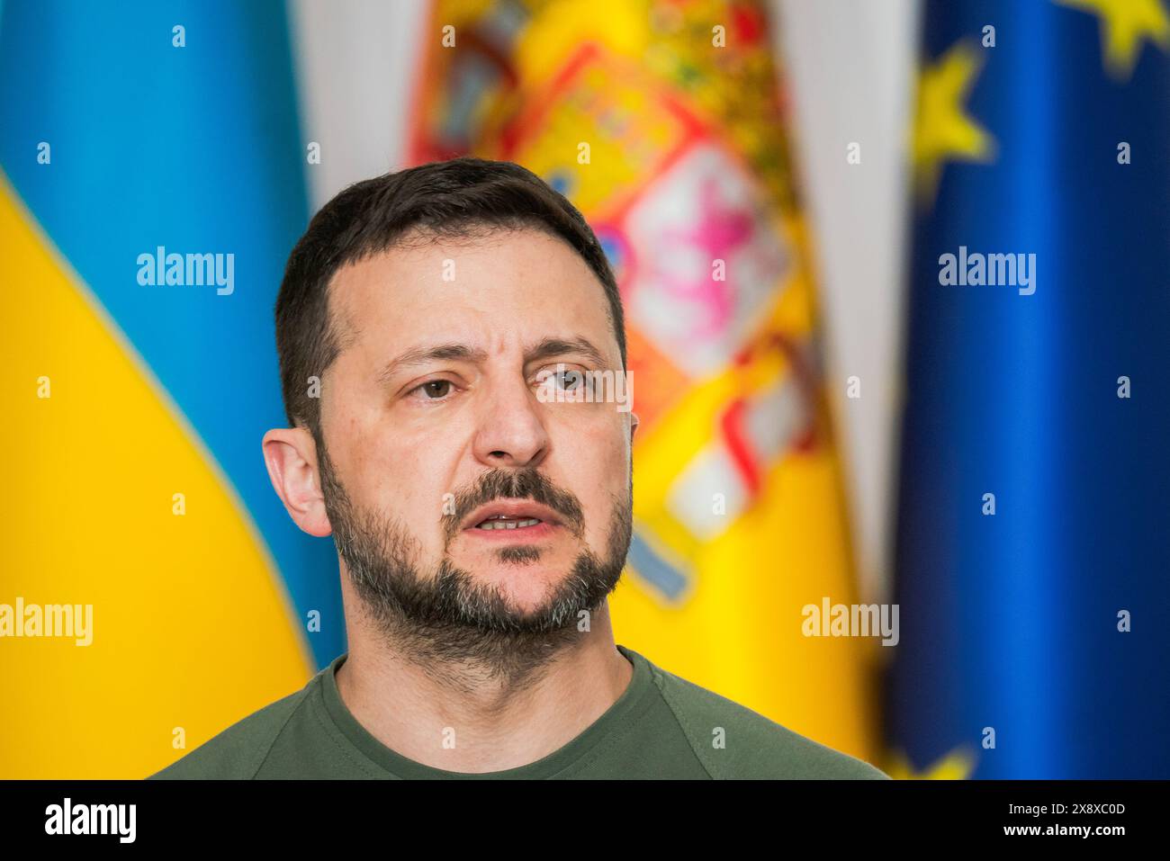 Madrid, Spain. 27th May, 2024. President of Ukraine, Volodymyr Zelenskyy, is seen during a press conference at the Moncloa Palace in Madrid. Spain and Ukraine sign a bilateral security agreement: 'Defense, security, peace, and reconstruction are our priorities.' Credit: SOPA Images Limited/Alamy Live News Stock Photo