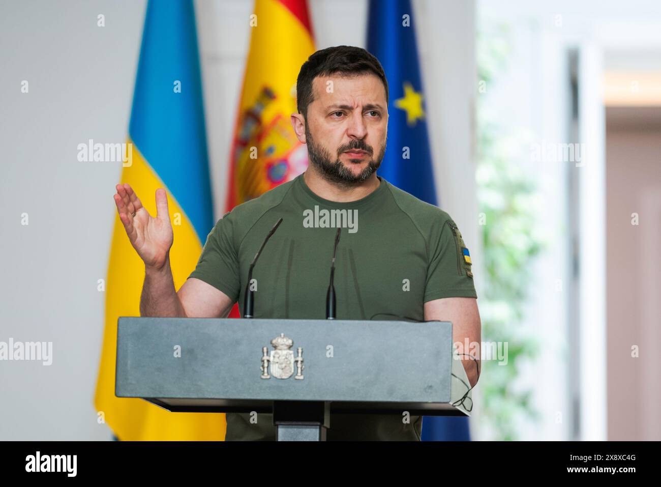 Madrid, Spain. 27th May, 2024. President of Ukraine, Volodymyr Zelenskyy, speaks during a press conference at the Moncloa Palace in Madrid. Spain and Ukraine sign a bilateral security agreement: 'Defense, security, peace, and reconstruction are our priorities.' (Photo by Guillermo Gutierrez Carrascal/SOPA Images/Sipa USA) Credit: Sipa USA/Alamy Live News Stock Photo
