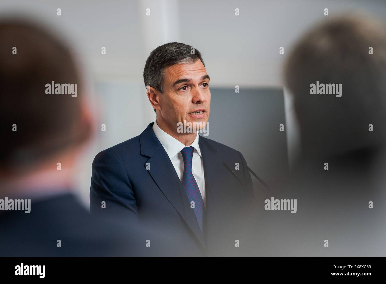 Madrid, Spain. 27th May, 2024. The Prime Minister of Spain Pedro Sanchez, speaks during a press conference at the Moncloa Palacen in Madrid. Spain and Ukraine sign a bilateral security agreement: 'Defense, security, peace, and reconstruction are our priorities.' (Photo by Guillermo Gutierrez Carrascal/SOPA Images/Sipa USA) Credit: Sipa USA/Alamy Live News Stock Photo