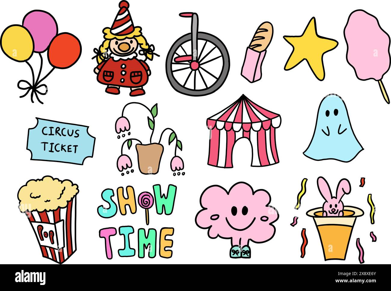 Hand drawn circus elements such as clown, balloons, popcorn, ticket, snack, SHOW TIME letters, bunny dolls for sticker, logo, icon, cartoon, mascot Stock Vector