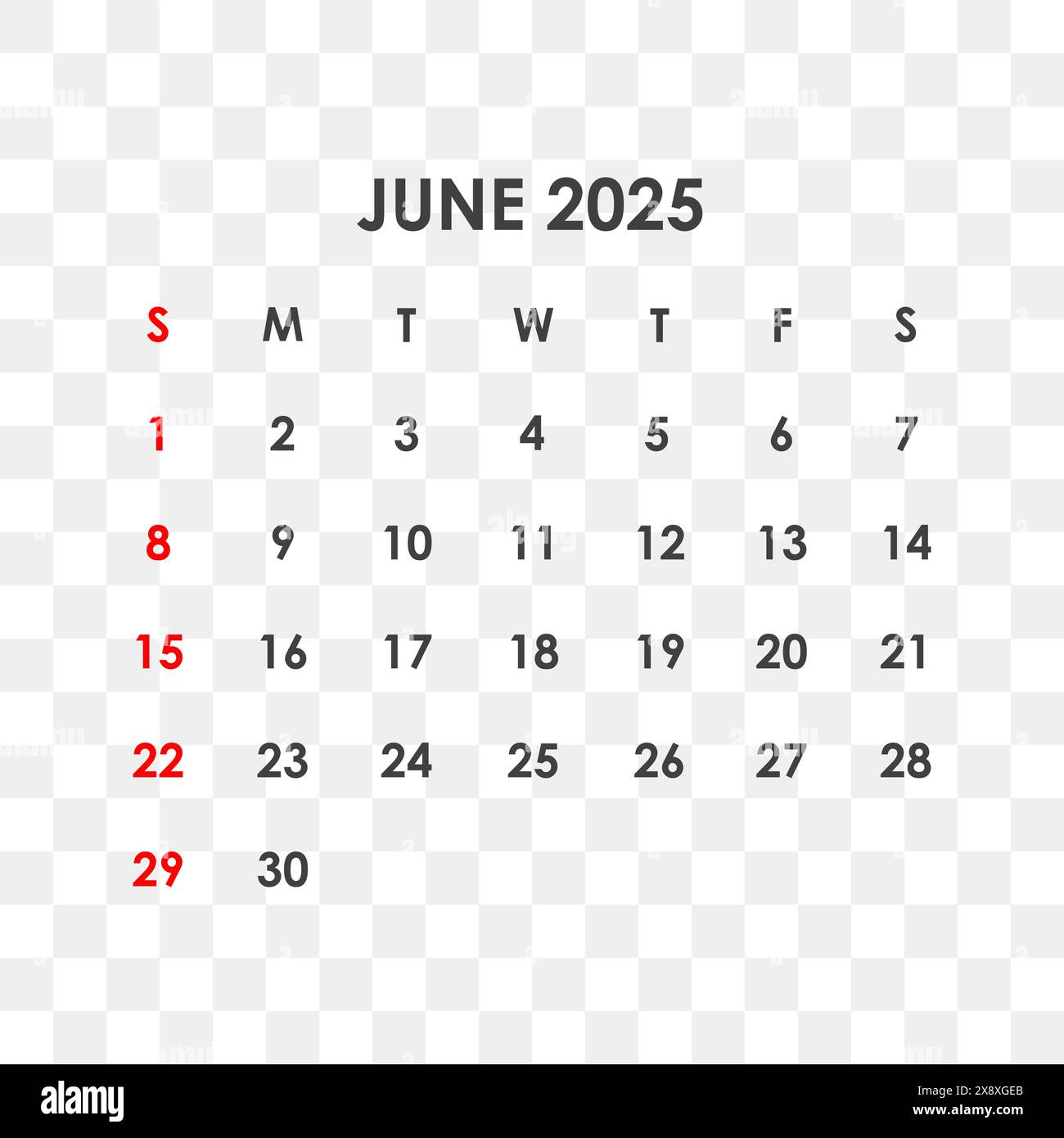 Calendar for June 2025. The week starts on Sunday Stock Vector Image