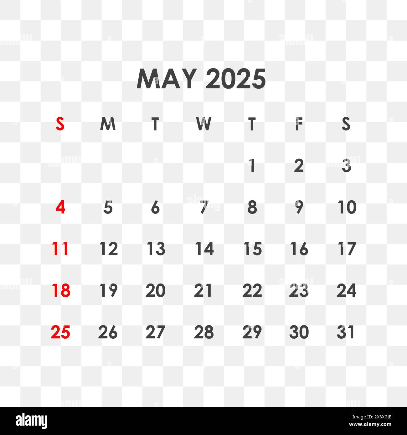 Calendar for May 2025. The week starts on Sunday Stock Vector Image & Art Alamy