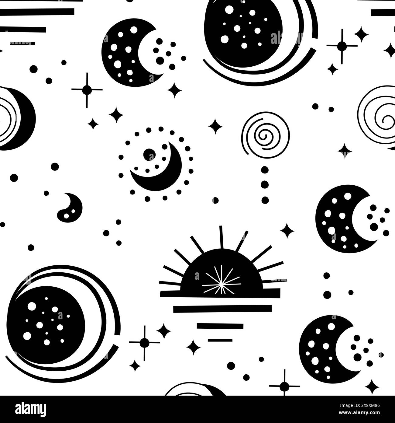 Seamless neo folk patterns with moon, cloud, sun and stars, black and ...