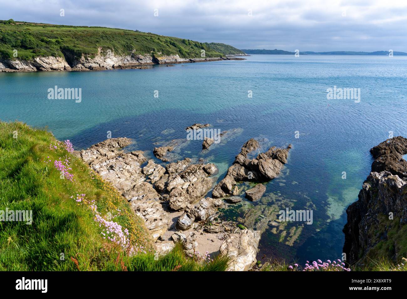 View across Falmouth Bay from the cliffs above Maenporth, Cornwall Stock Photo