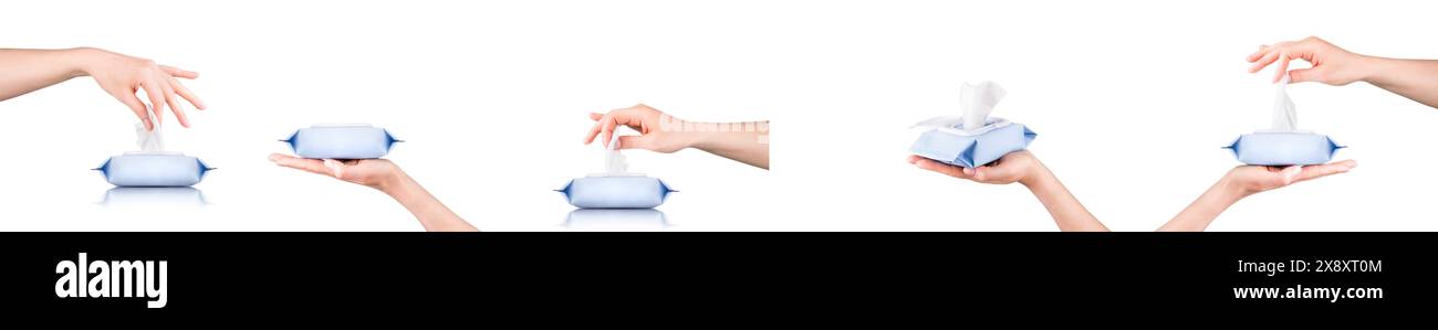 Woman hand use antibacterial wet wipes or tissue isolated on a white background with clipping path. Concept of hygiene and protection from Covid-19 Stock Photo