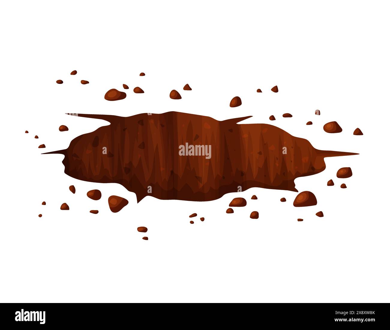 Deep hole in the ground with grass and stones. Brown soil, large cracks and ruins. Digging of sand coal waste rock. Detailed drawing in cartoon style Stock Vector