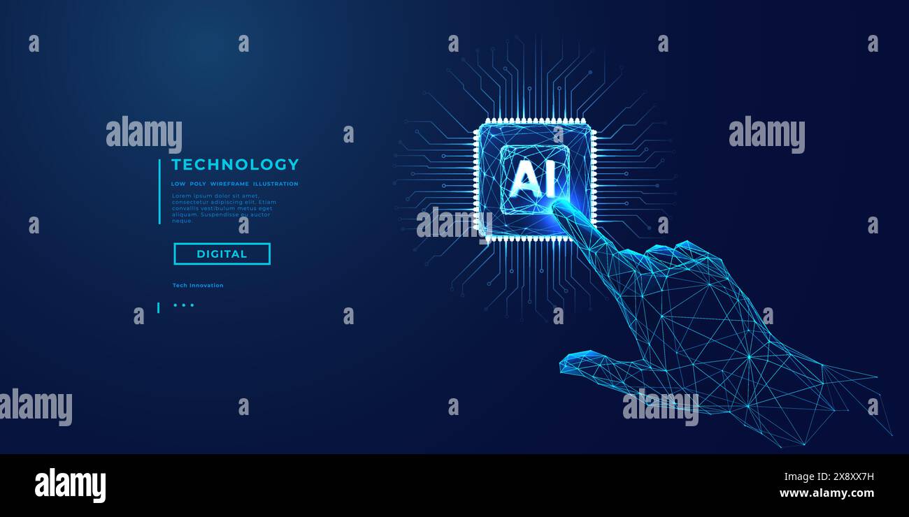 Index human finger presses on a light blue AI chip or processor.  Stock Vector
