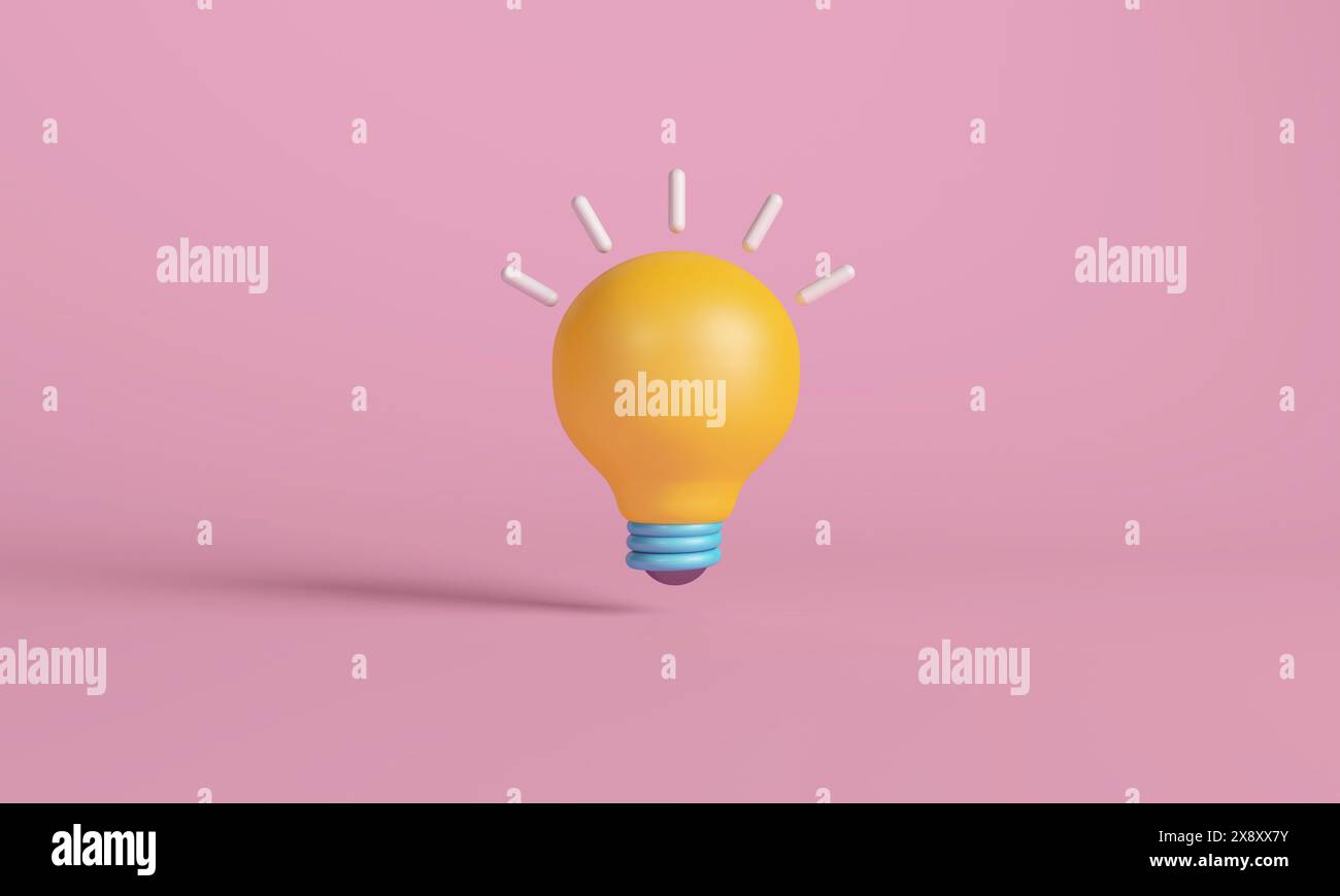 3D illustration of a bright yellow light bulb on Pink Background, symbolizing ideas and inspiration, Stock Photo