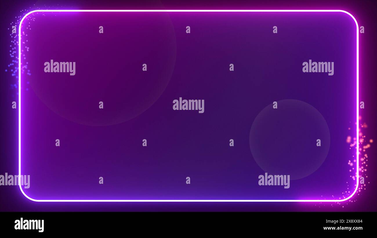 Abstract glowing purple neon frame with particle effects on dark ...