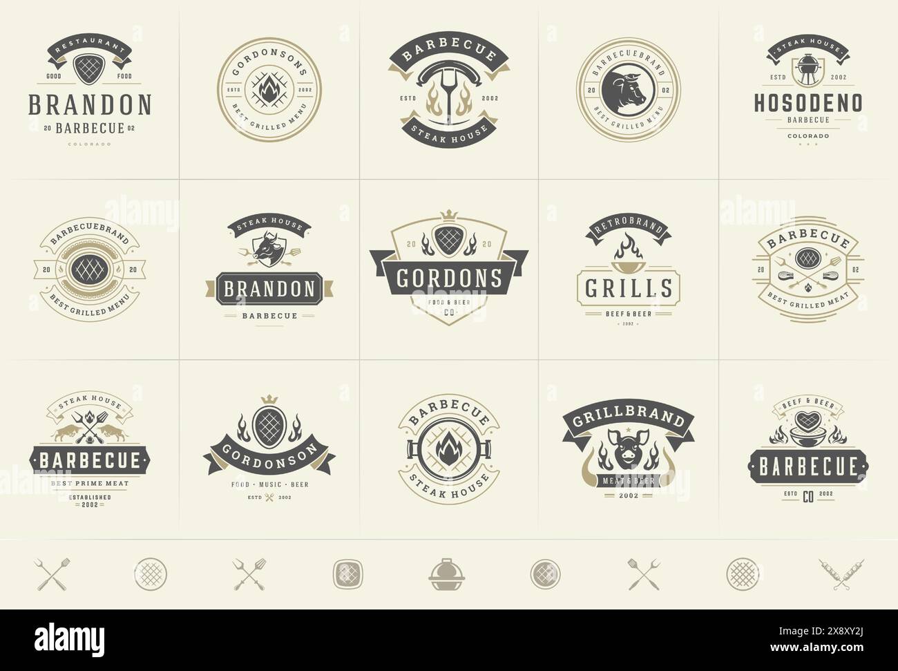 Grill and barbecue logos set vector illustration steak house or ...