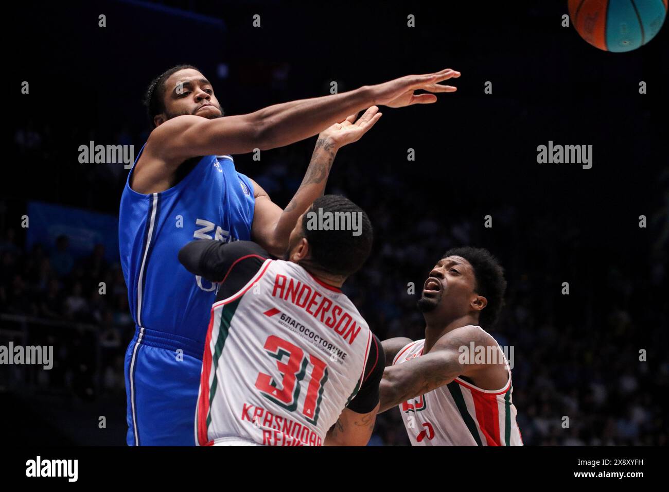 Saint Petersburg, Russia. 27th May, 2024. Juwan Christopher Morgan (1) of Zenit and Karvel Markeese Anderson (31), and Patrick Miller (23) of Lokomotiv Kuban in action during the VTB United League basketball match, The second match of the series for the third place of the VTB United League, between Zenit Saint Petersburg and Lokomotiv Kuban Krasnodar at The Yubileyny Sports Complex. Final score; Zenit 99:96 Lokomotiv Kuban. The score in the series; Zenit 2:0 Lokomotiv Kuban. Credit: SOPA Images Limited/Alamy Live News Stock Photo