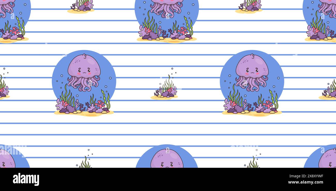 Seamless pattern with jellyfish boy with underwater landscape with algae on white striped background. Vector horizontal illustration. Cartoon cute und Stock Vector