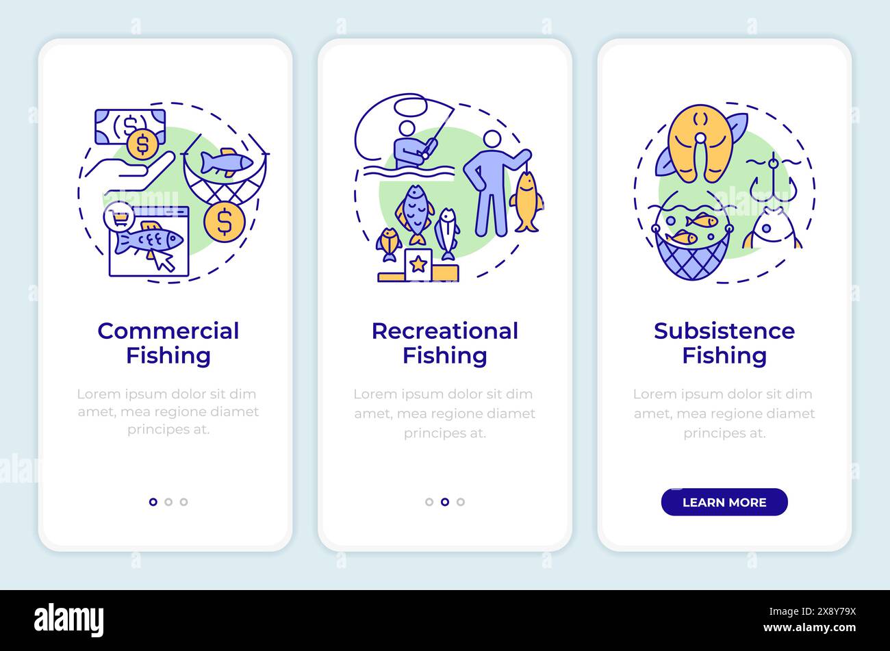 Types of fishing onboarding mobile app screen Stock Vector Image & Art