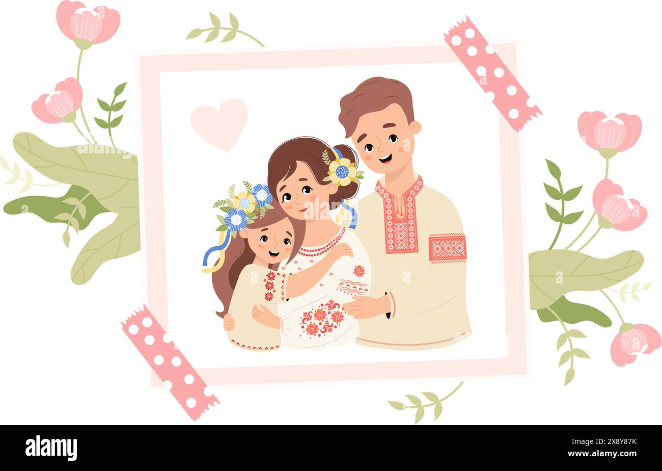 Cute holiday photograph from happy Ukrainian family with pink flowers. Father, mother and daughter with floral wreath with yellow-blue ribbons in trad Stock Vector
