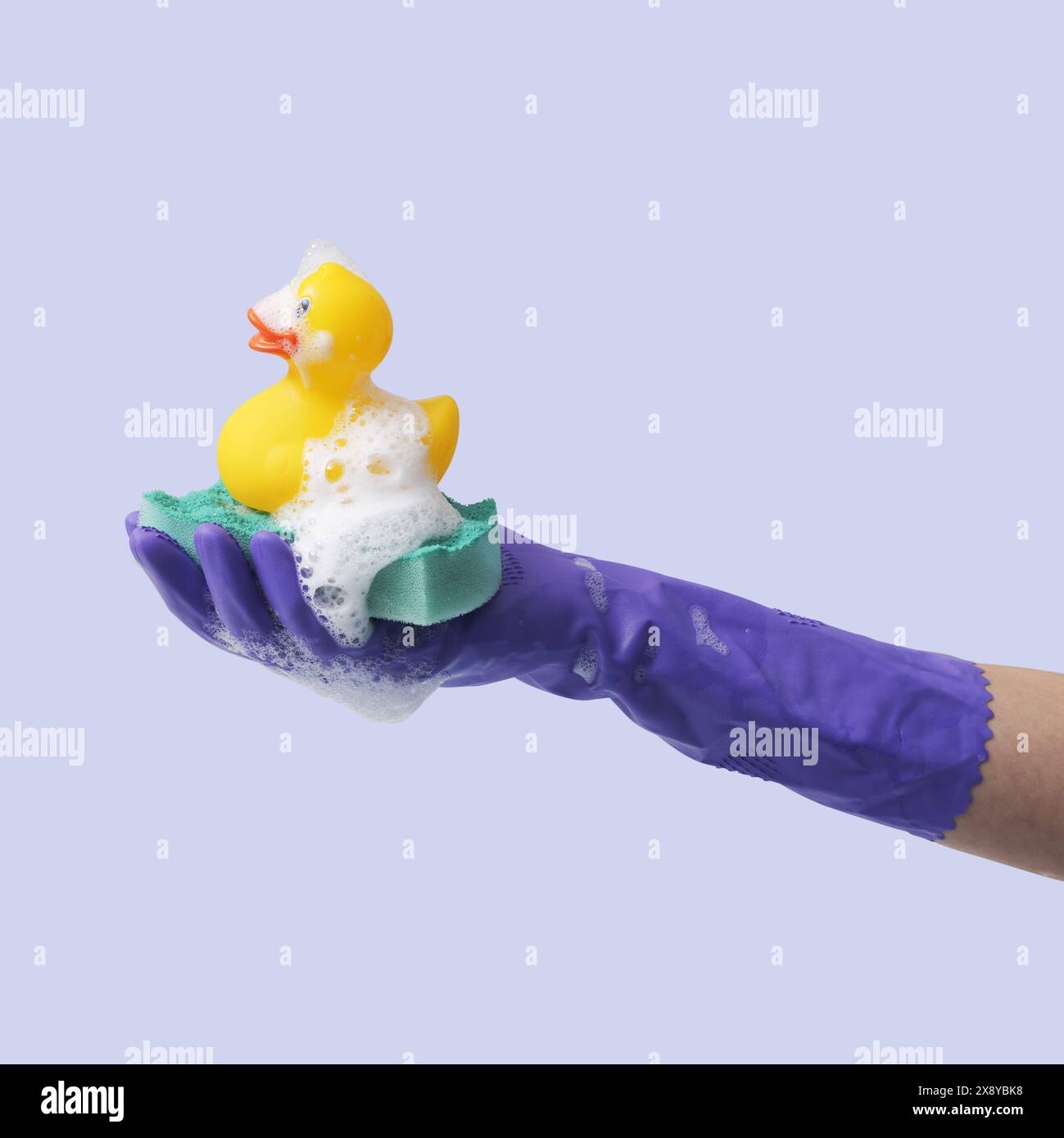 Female hand holding a soapy cleaning sponge and a rubber duck, hygiene and housecleaning concept Stock Photo