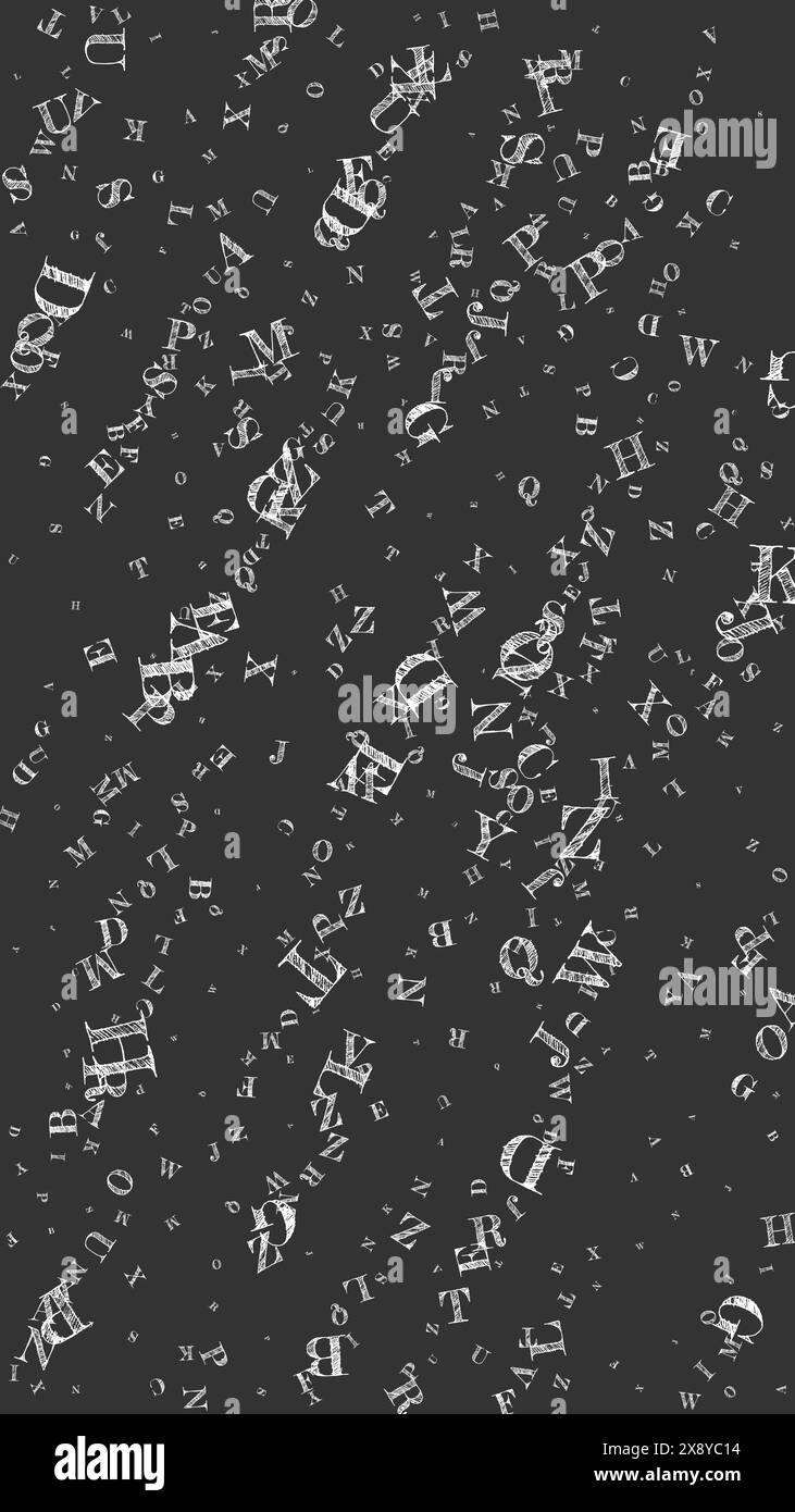 Scattered letters of latin alphabet. White chalk floating characters of ...