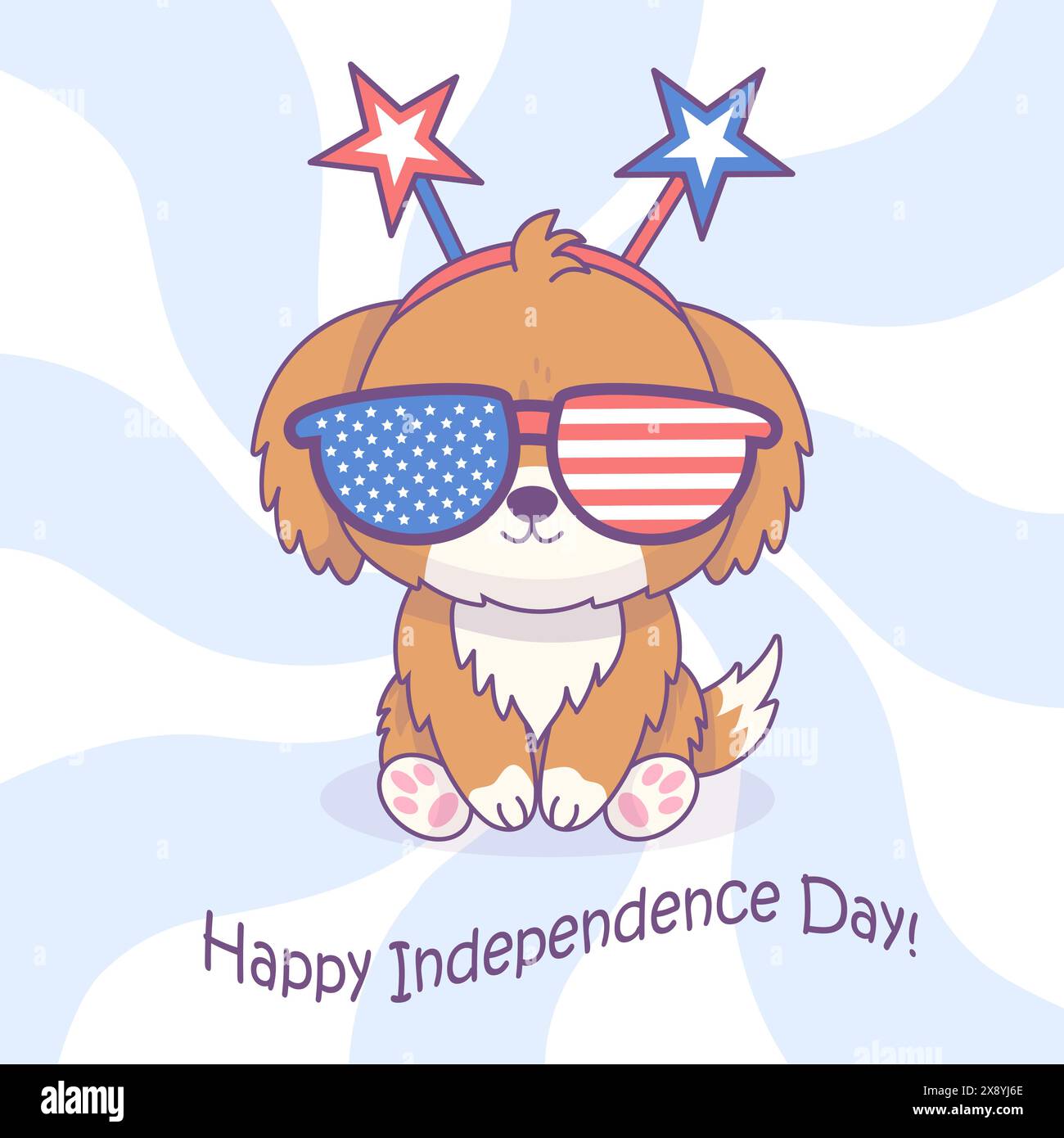 Cute dog with glasses and holiday accessories in colors American flag. Funny cartoon patriotic animal character. American Independence Day. Vector ill Stock Vector