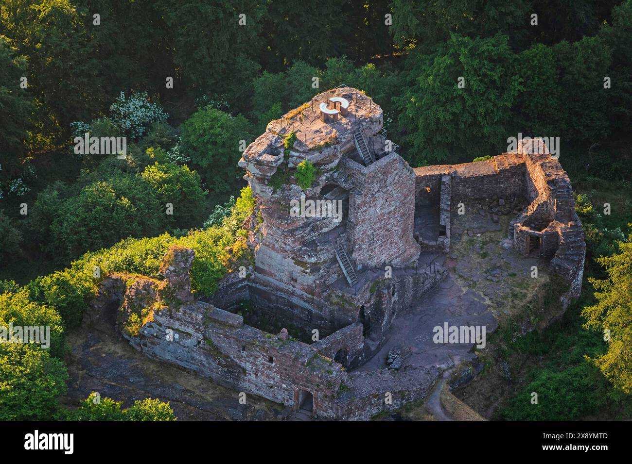 France, Bas Rhin, Wingen, Ruine der Hohenburg im Morgenlicht, frz. Château du Hohenbourg (aerial view) Stock Photo