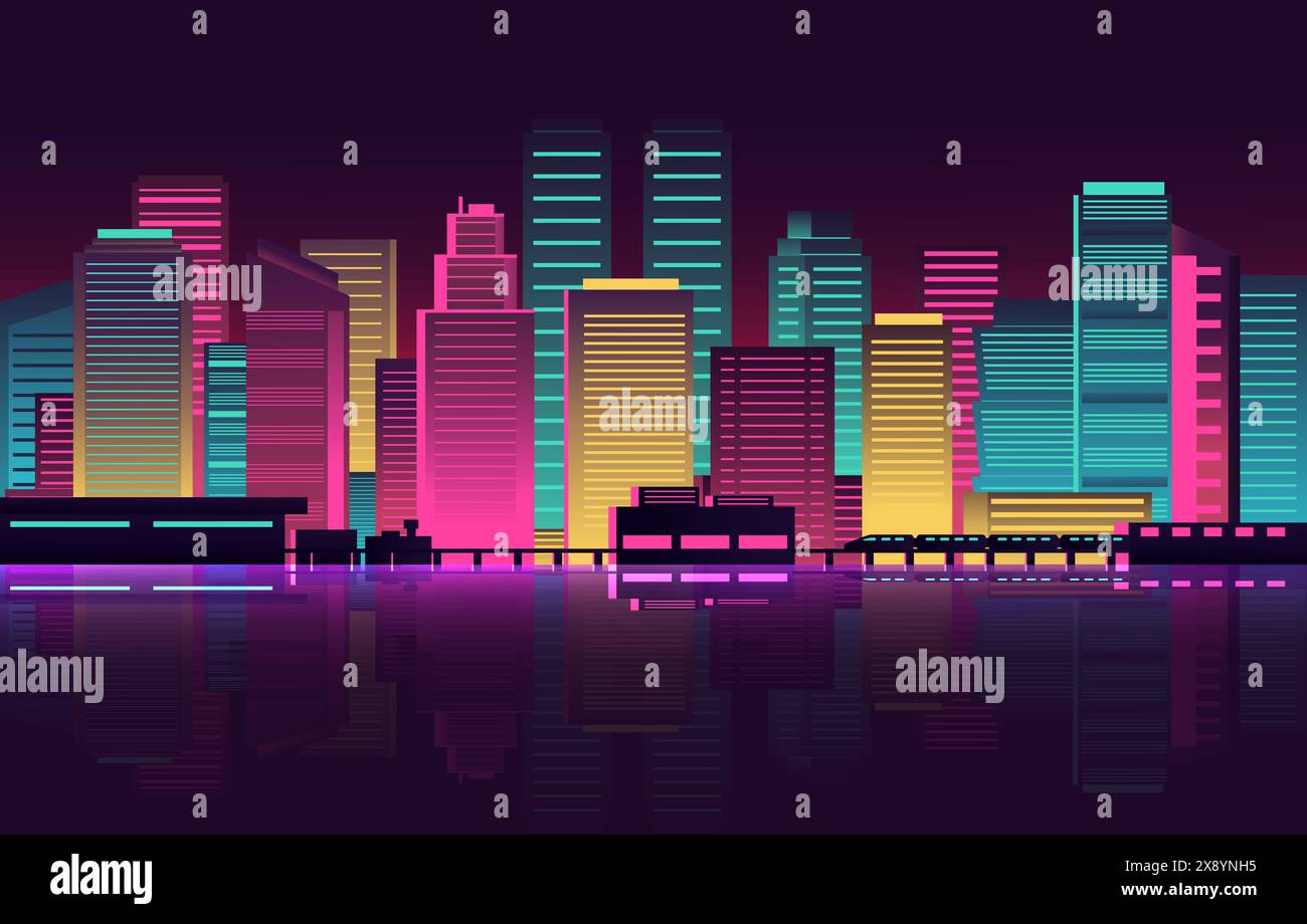 Neon city landscape. Night modern metropolis background. Glowing