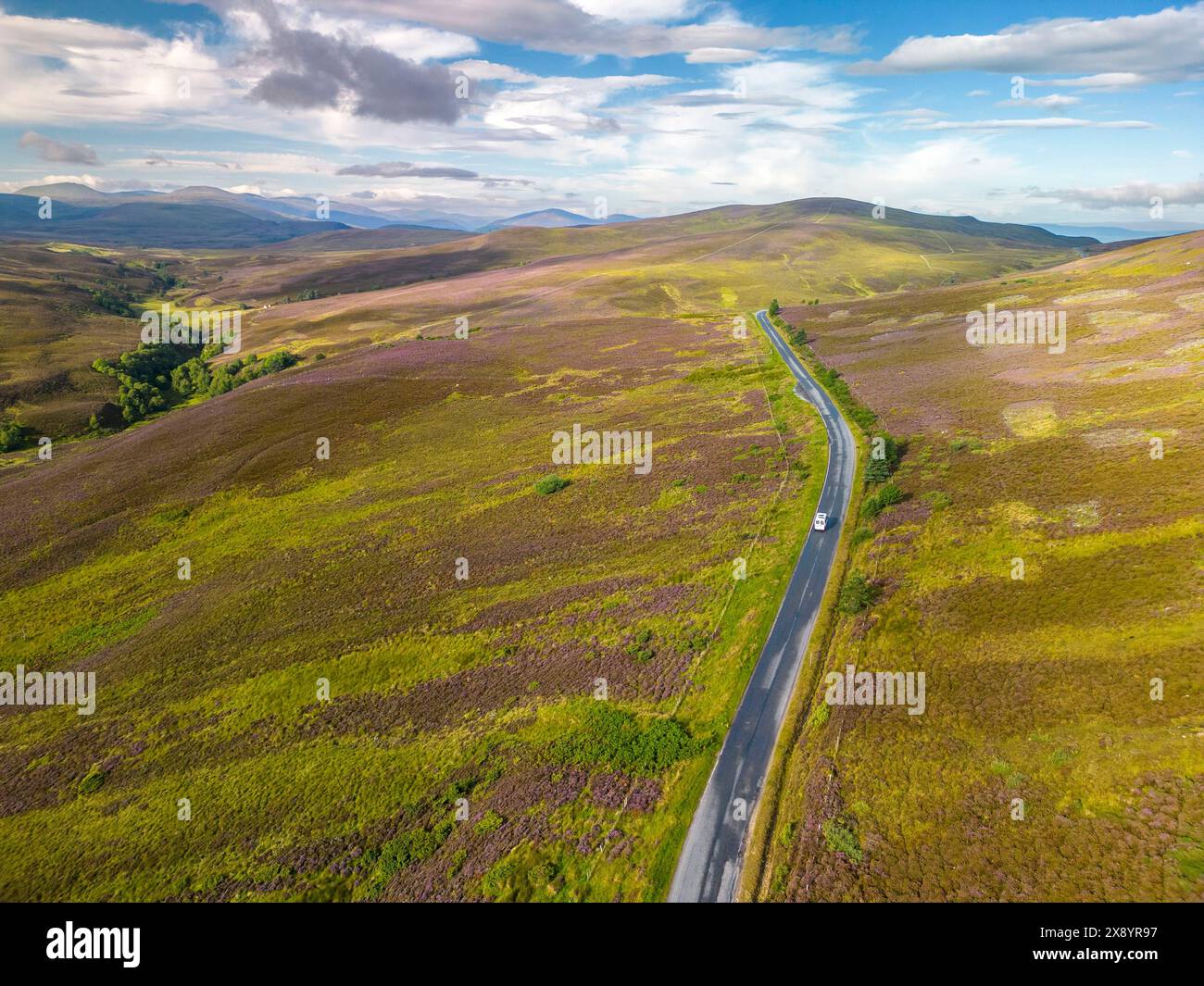 Scotland, Highlands, Cairngorms National Park, Grantown-on-Spey, heathland around scenic route A939 between Grantown-on-Spey and Tomintoul (aerial vie Stock Photo