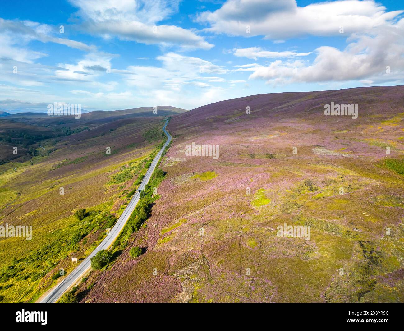 Scotland, Highlands, Cairngorms National Park, Grantown-on-Spey, heathland around scenic route A939 between Grantown-on-Spey and Tomintoul (aerial vie Stock Photo