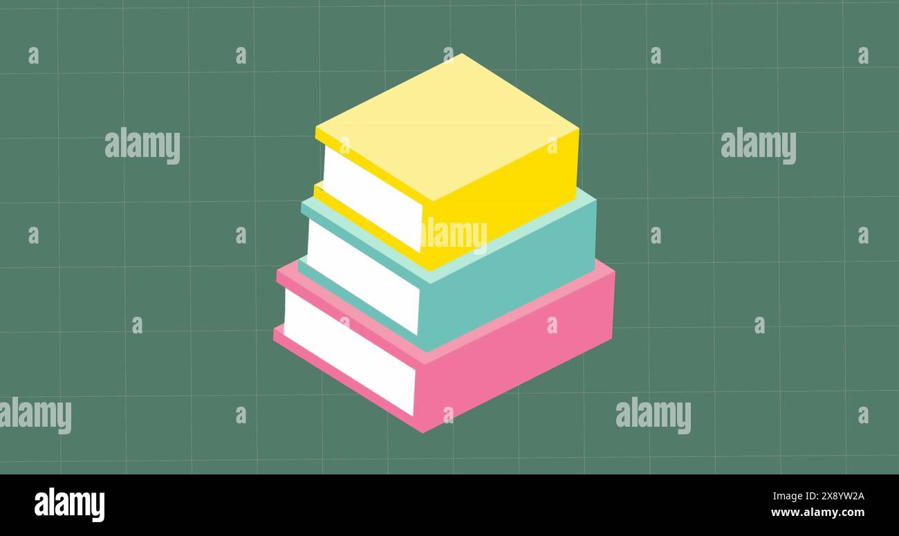 Image of stack of books icons floating over grid network on green background with copy space Stock Photo