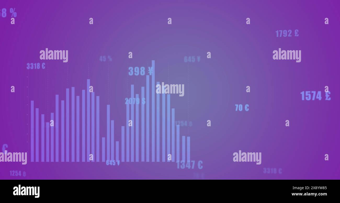 Image of statistical data processing against purple gradient background Stock Photo