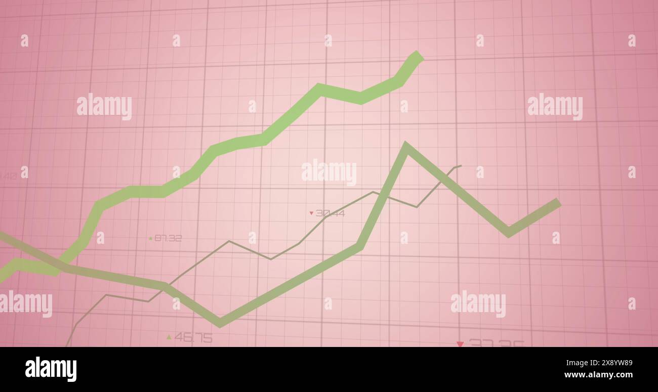 Image of statistical data processing over grid network against pink background Stock Photo