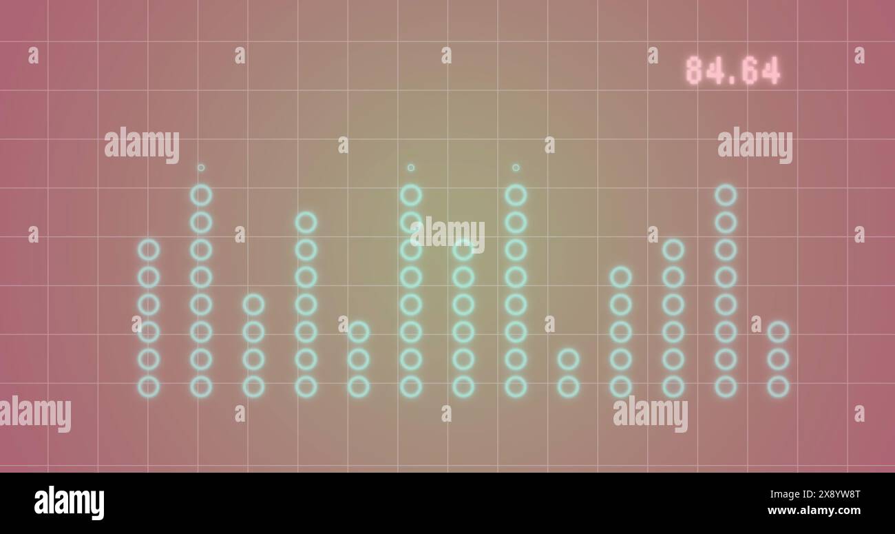 Image of statistical data processing over grid network against pink background Stock Photo