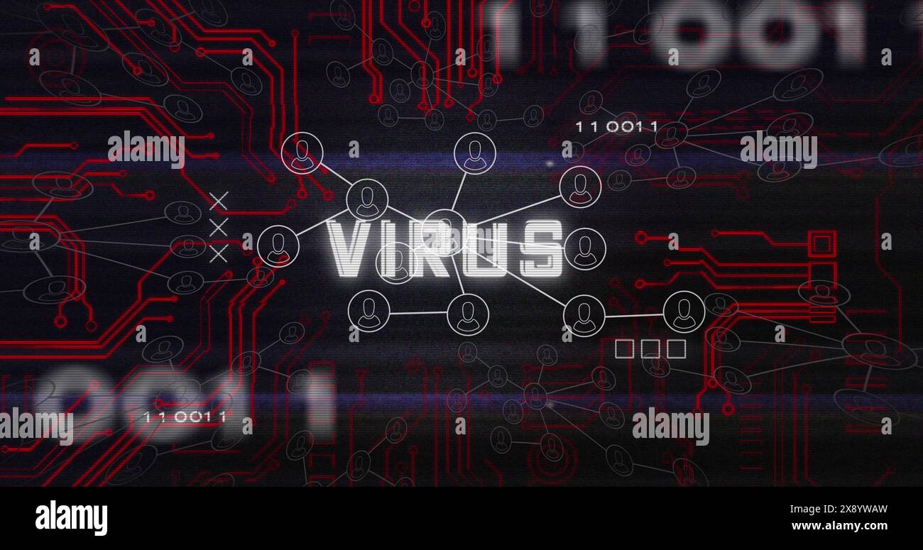 Image of virus text, binary codes over connected icons against circuit board pattern Stock Photo