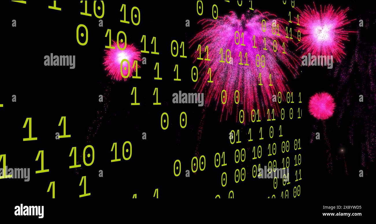 Image of looping binary codes over colorful exploding fireworks against black background Stock Photo