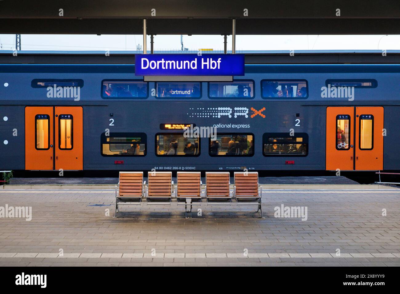 empty platform and regional train RE6 at Dortmund main station in the morning, Germany, North Rhine-Westphalia, Ruhr Area, Dortmund Stock Photo