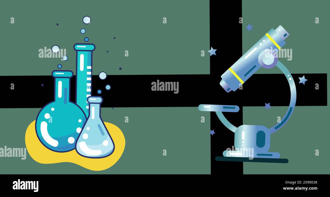 Image of microscope and laboratory equipment icon against cross stripes ...