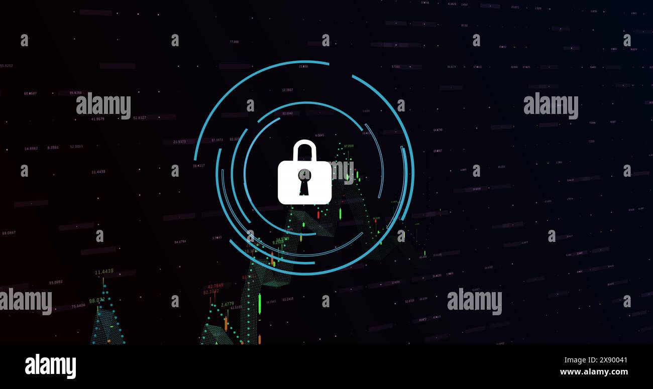 Image of security padlock icon and financial data processing against ...