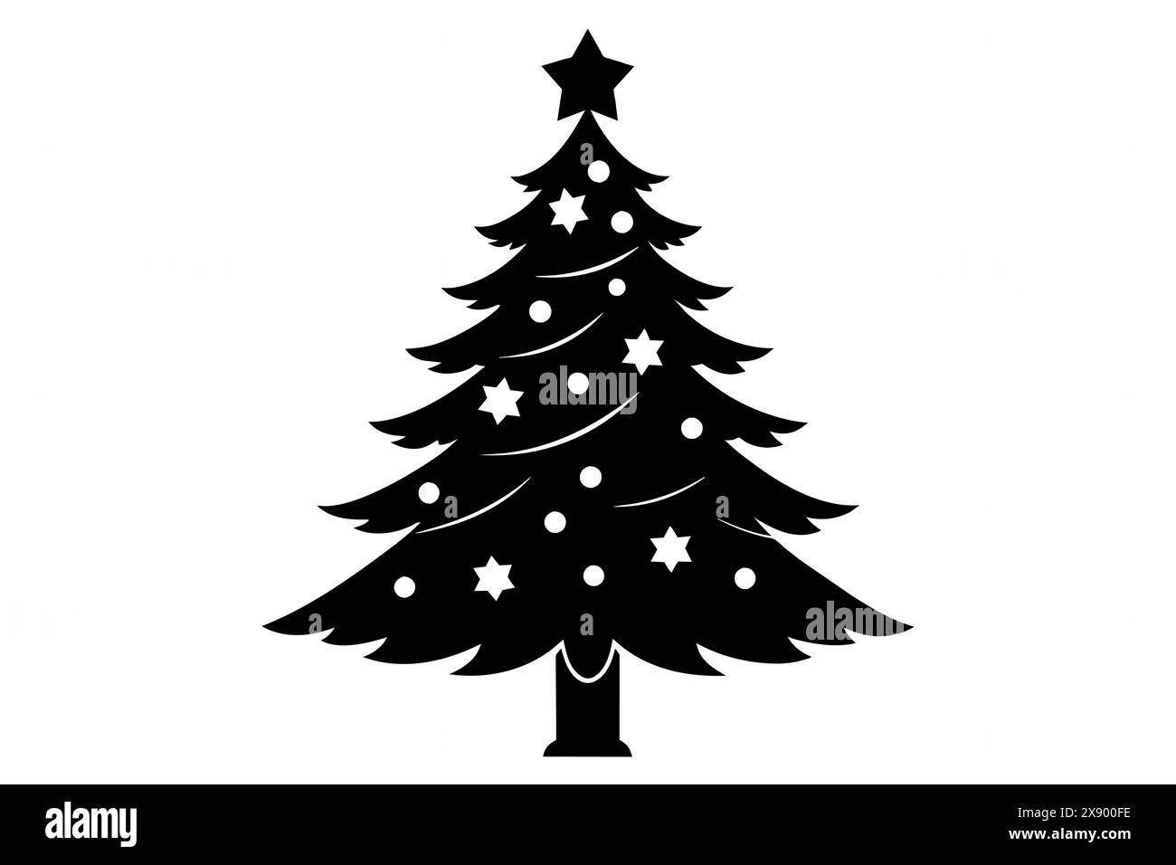Black Christmas tree with decorations and star on top. Festive, holiday season, celebration, New year, festive design concept. Black silhouette isolat Stock Vector