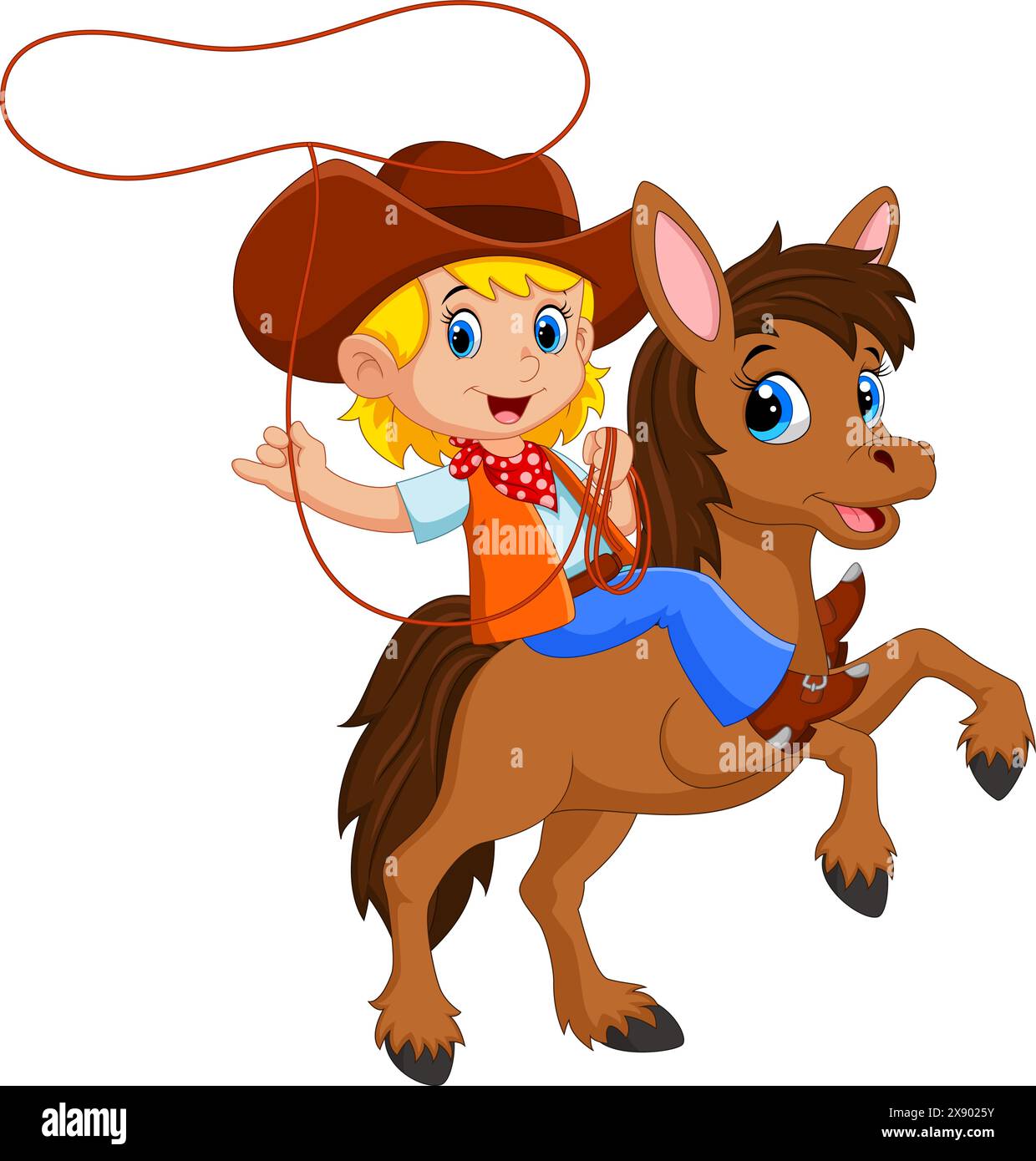 Cowgirl riding a horse with Lasso on white background Stock Vector