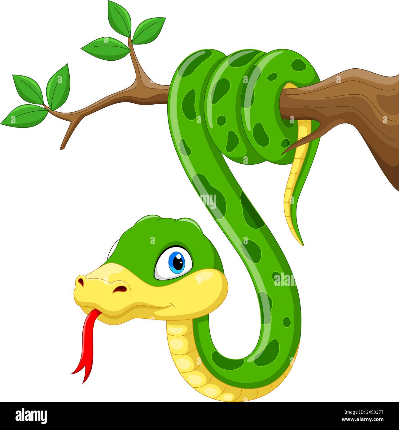 Cartoon green snake on tree branch isolated on white background Stock Vector