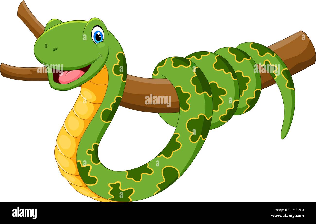 Cartoon green snake on tree branch isolated on white background Stock Vector