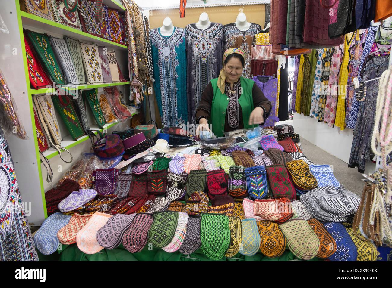 stall selling socks, bags, and clothing, Bazaar, Ashgabat, Turkmenistan Stock Photo