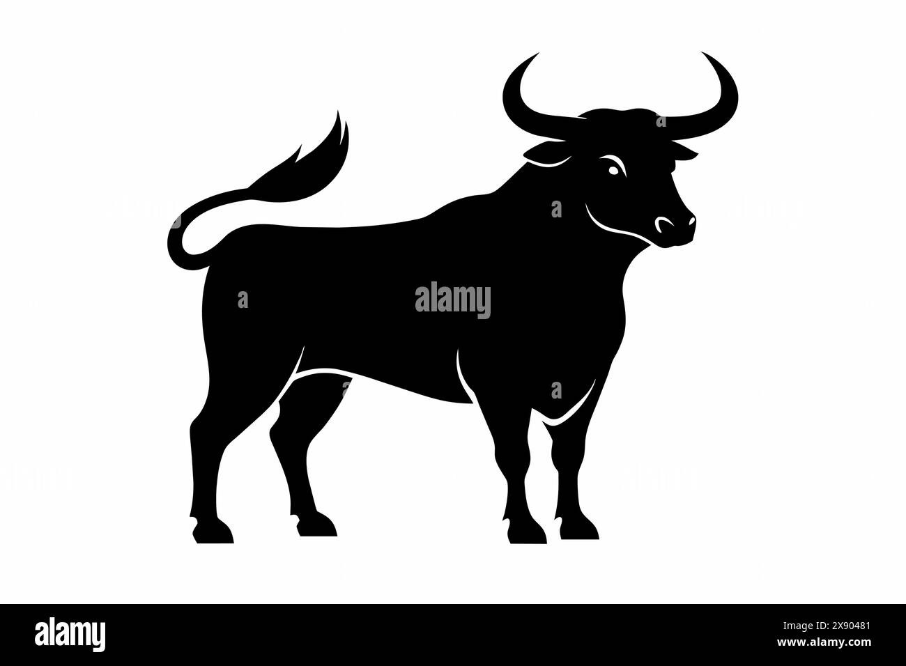 Black silhouette of a bull with curved horns isolated on a white ...