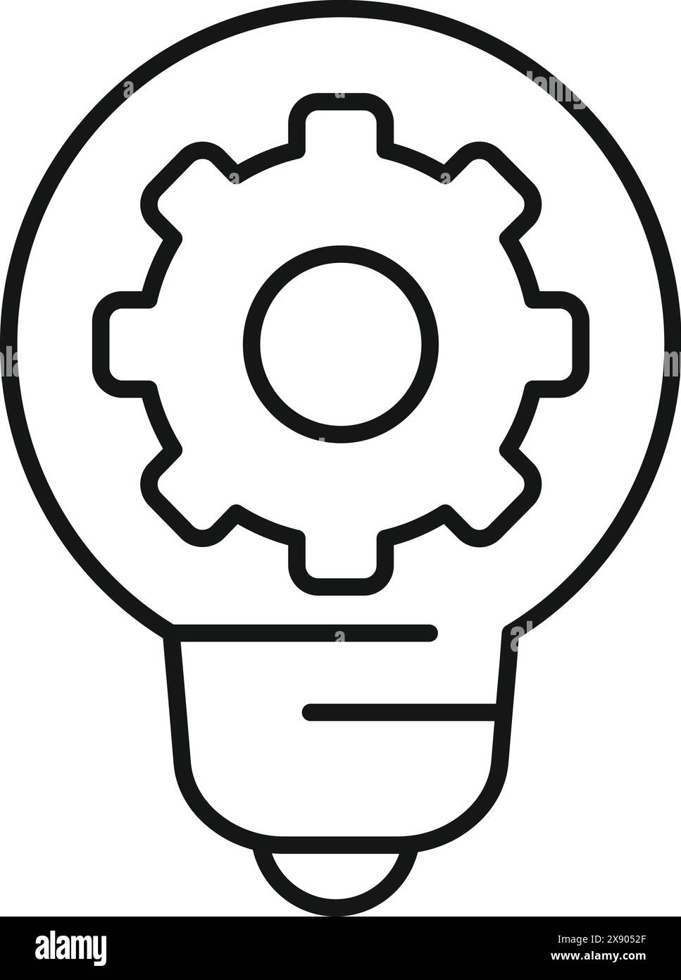 Black and white line art of a light bulb with a gear, symbolizing