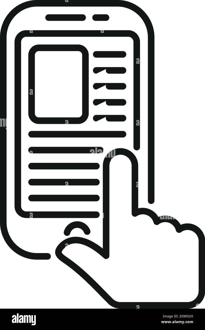 Line icon representing a finger tapping on a smartphone screen with a mobile application interface Stock Vector