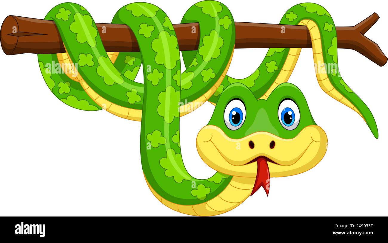 Cartoon green snake on tree branch isolated on white background Stock Vector
