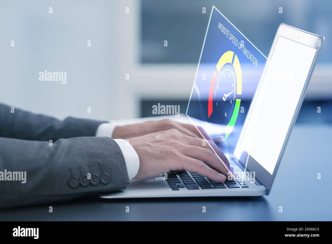 Website speed optimization. Man using laptop at table, closeup. Virtual screen over device Stock Photo